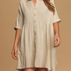 Lulus Beige Short Sleeve Button-Up Babydoll Dress, Linen blend. MEDIUM